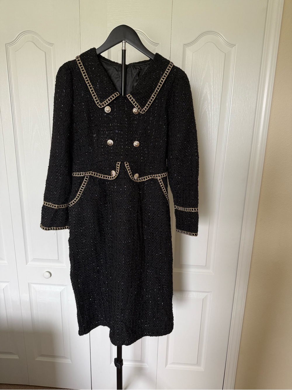 Black Tweed Double-Breasted Dress with Chain Trim